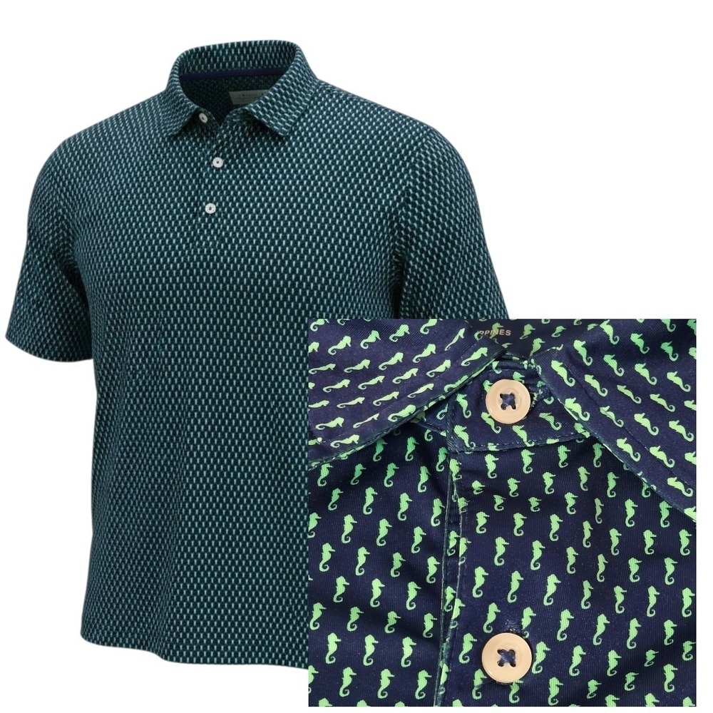 Donald Ross Polo Shirt Mens Large Navy Blue Green Seahorse Print Golf Sportswear